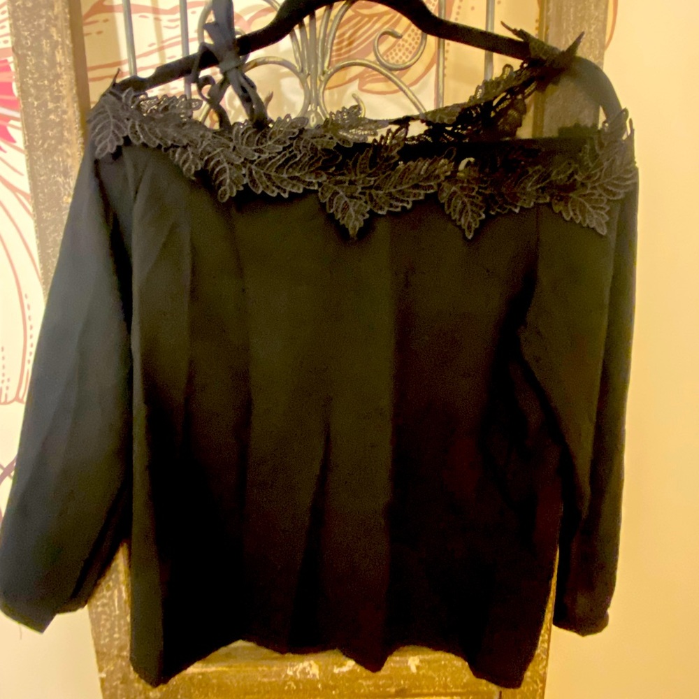 New black chiffon top with lace neckline